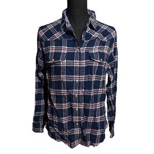 JACHS Girlfriend BEA Style Navy Plaid Flannel Pearl Snap Shirt Women's S Small